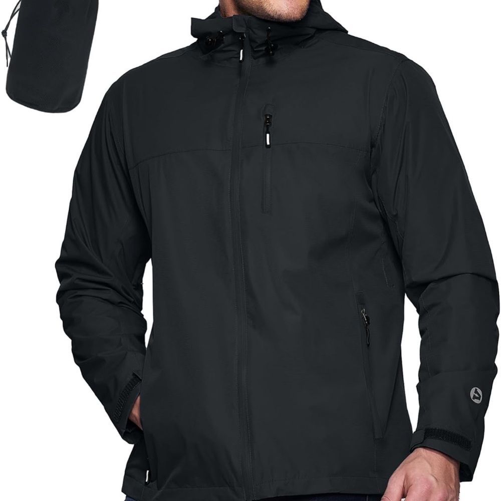 Men's Black Hooded Raincoat with Zip Pockets